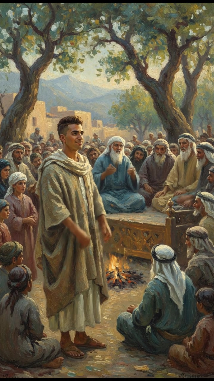 Amir standing proudly in a crowd, listening to stories of bravery and wisdom from elders.