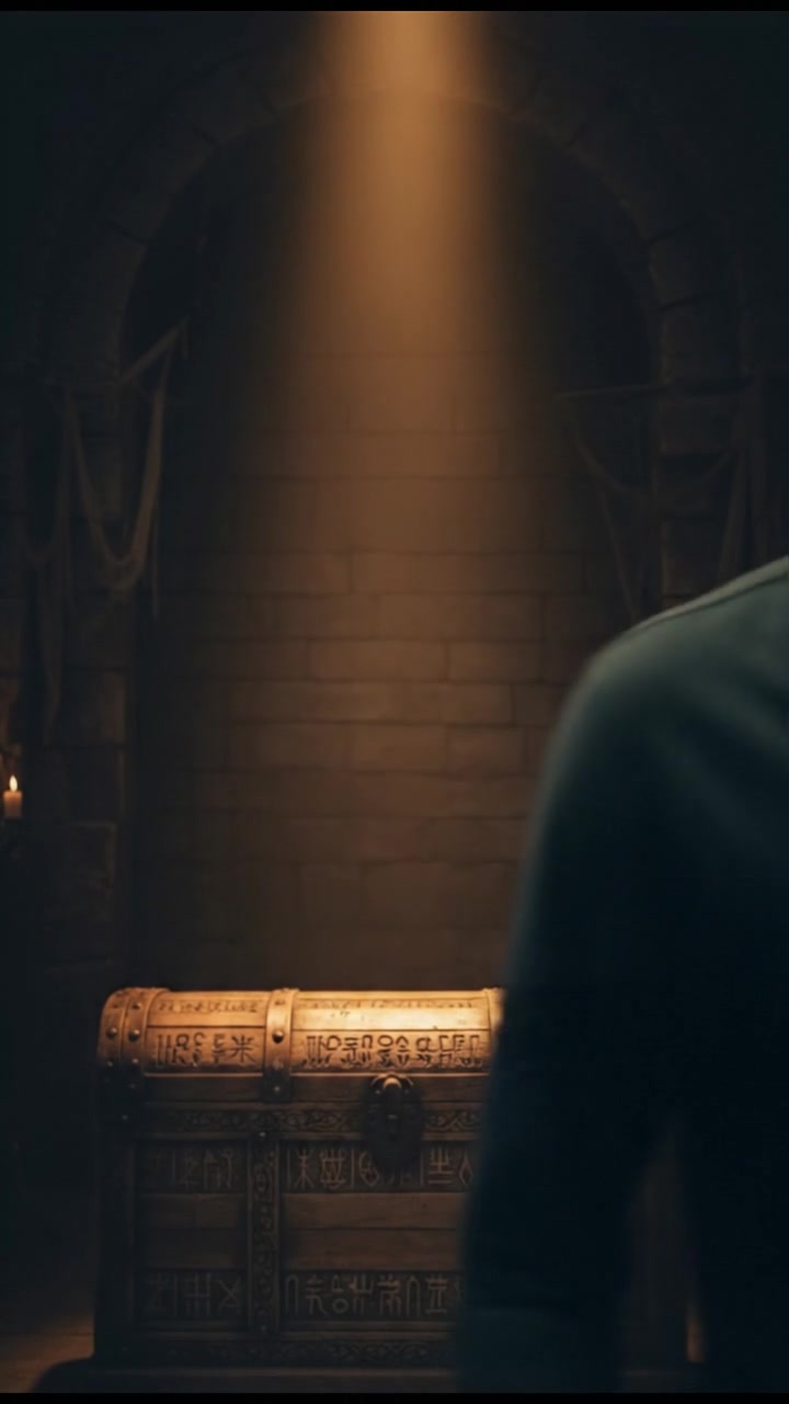 Raj standing in front of the ancient chest, looking nervous with wide eyes, illuminated by a single beam of light.