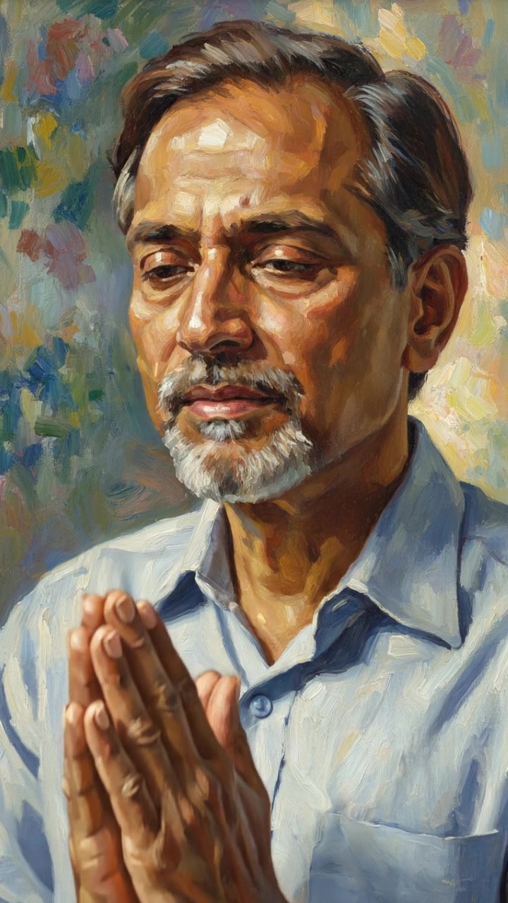 Raj's hands clasped in prayer, with a focused expression on his face.