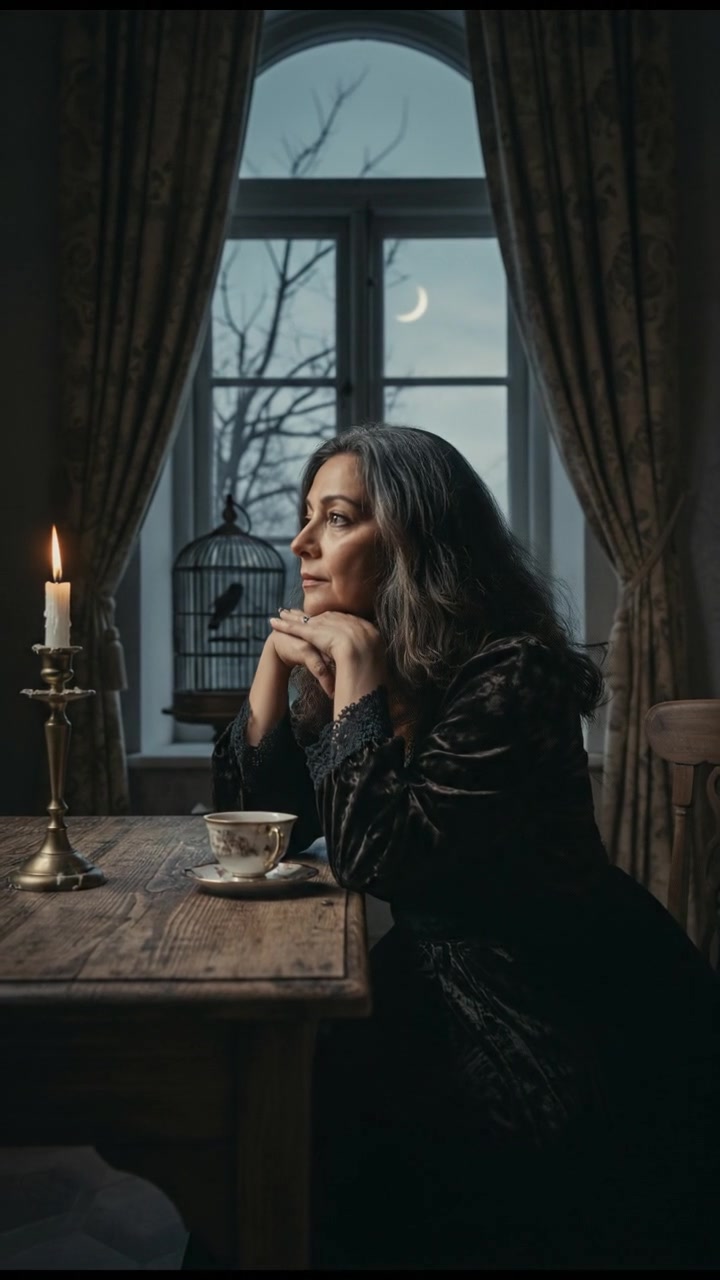 The Asha sits at a table with a cup of tea, gazing thoughtfully out the window.