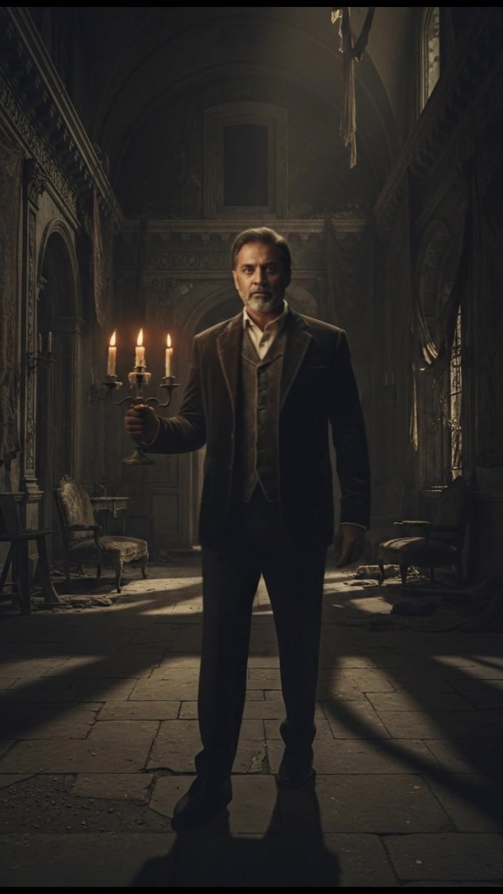 Raj standing in the center of an old, dimly lit mansion, with shadows casting ominously around him.