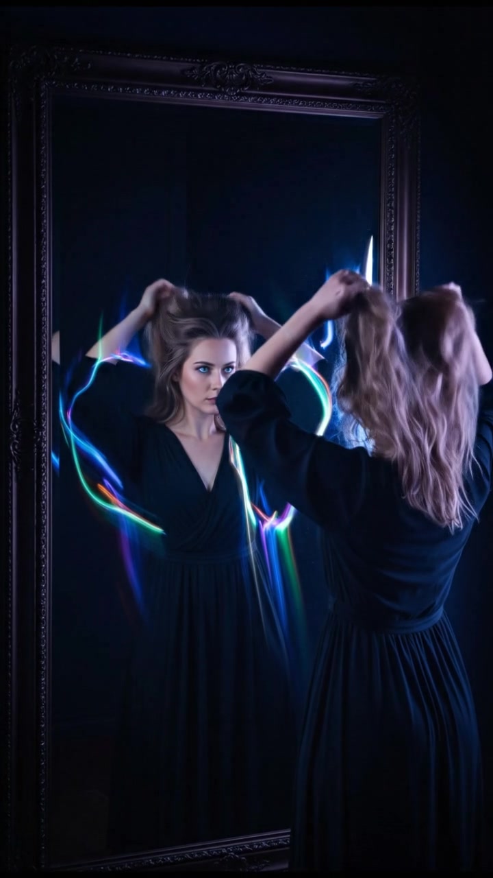 Ashley stands in front of a large, stylish mirror, adjusting her hair, with a look of determination on her face.