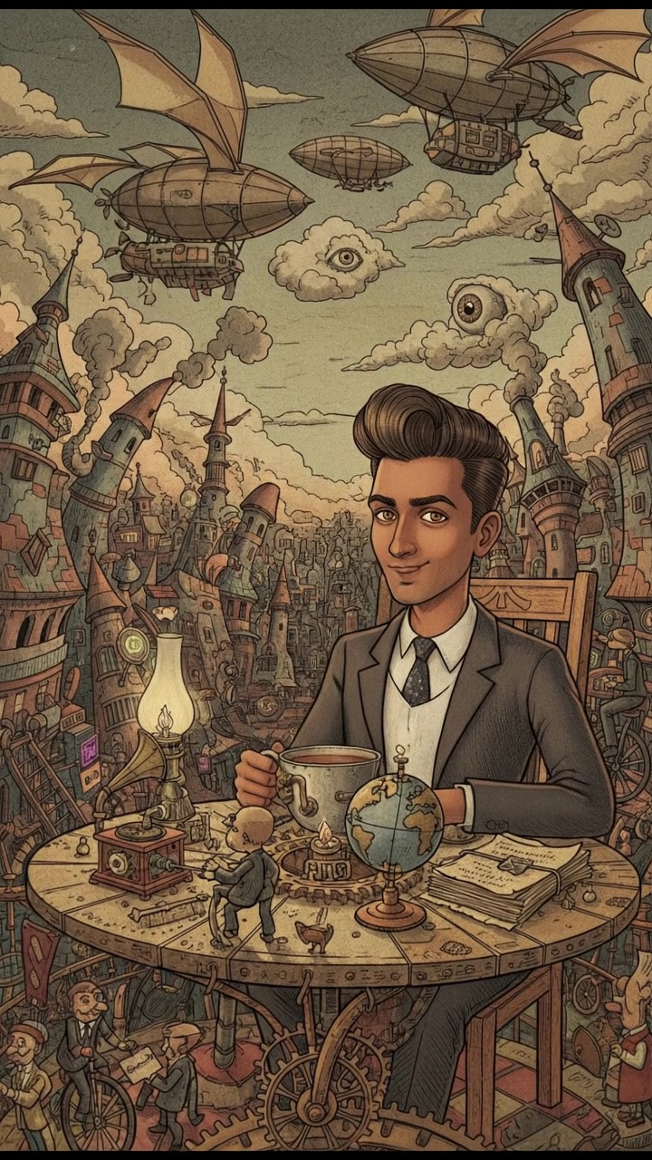 Arjun sitting at a round table, holding a tea cup, looking calm with a smirk on his face.