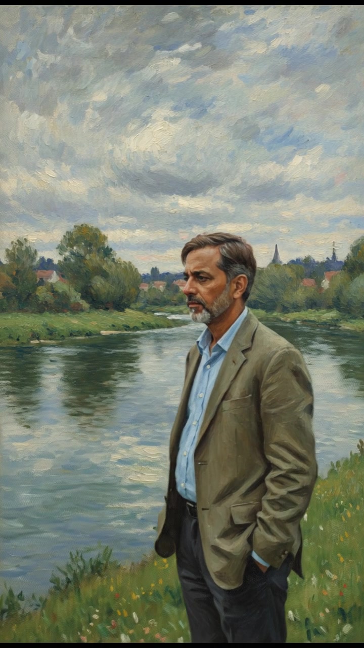 Raj, standing by a riverbank, looks contemplatively at the flowing water under a cloudy sky.