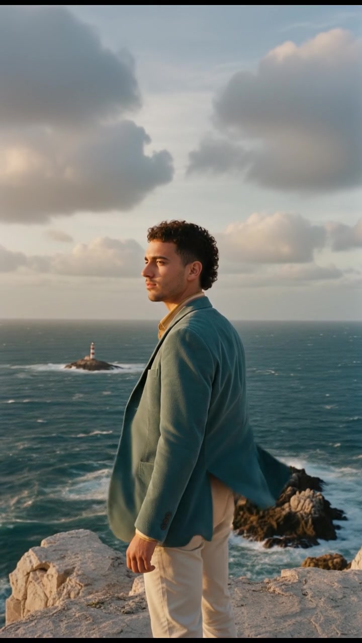 The Mateo standing on a cliff, looking out towards a stormy sea with dramatic clouds.