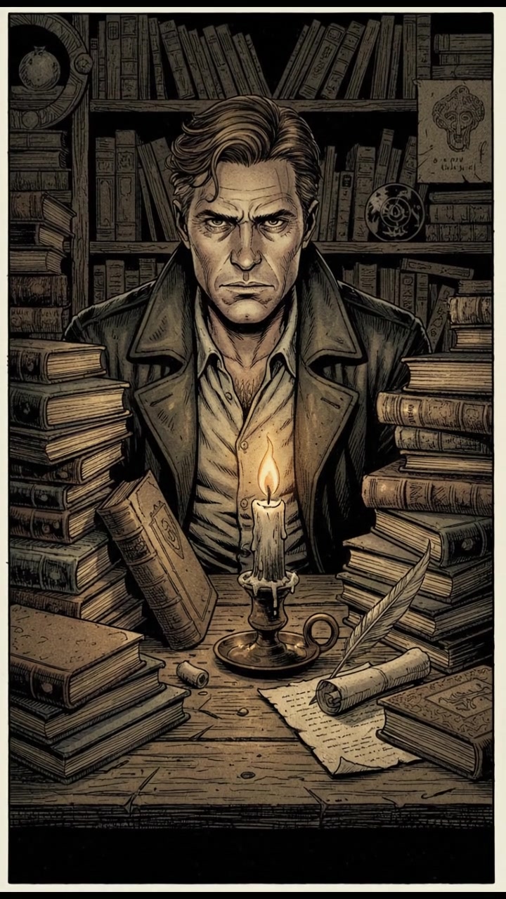 Mark sitting at a rustic wooden desk, surrounded by stacks of books and a candle flickering in the dim light.