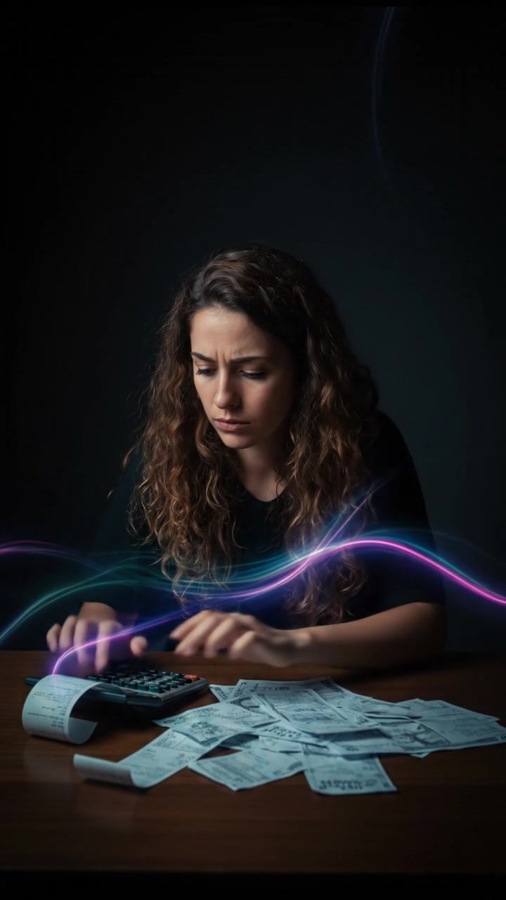 Maya sitting at a table, surrounded by unpaid bills and a calculator, looking worried.