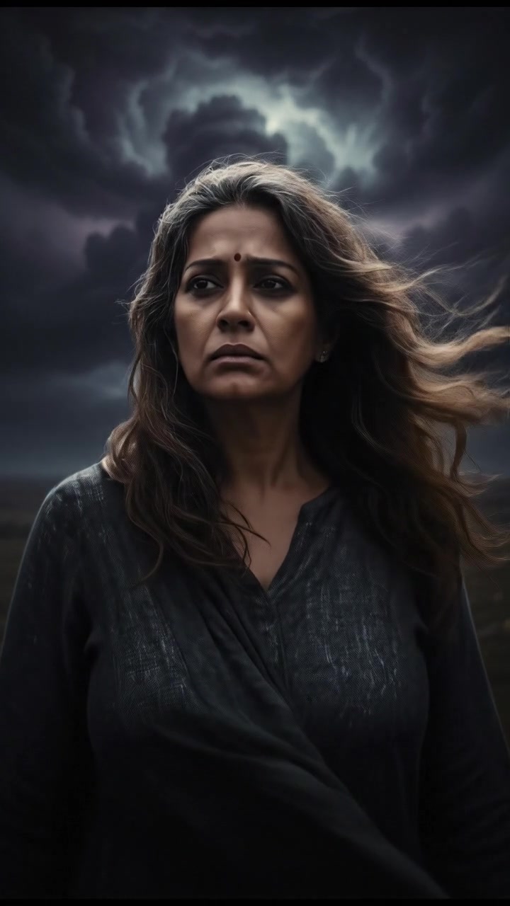 Asha standing alone in a field, looking contemplative with storm clouds gathering above her.