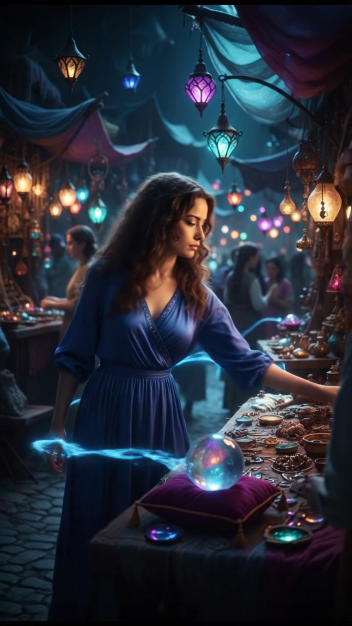 Maya walking through a bustling market, examining items to avoid financial traps, with colorful stalls around her.