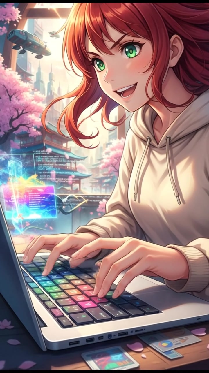 Close-up of Emma's fingers flying over the keyboard of a laptop.