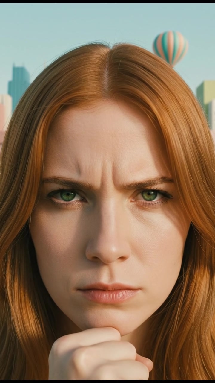A close-up of Emma's serious face as she clenches her fist, with a city skyline behind her.