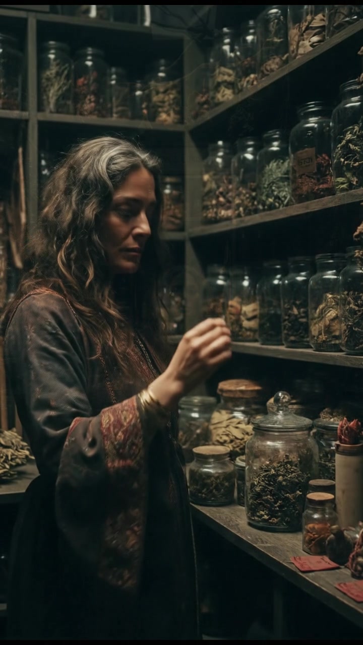 Asha standing in a dimly lit apothecary, surrounded by jars of herbs and potions.