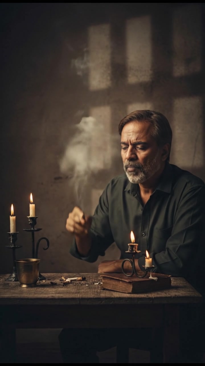 Raj sitting at a table, rapidly smoking a bidi with a concerned look on his face.