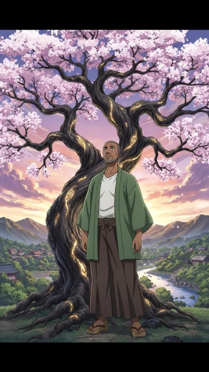 Kwame standing underneath the tree, looking up thoughtfully at its branches.