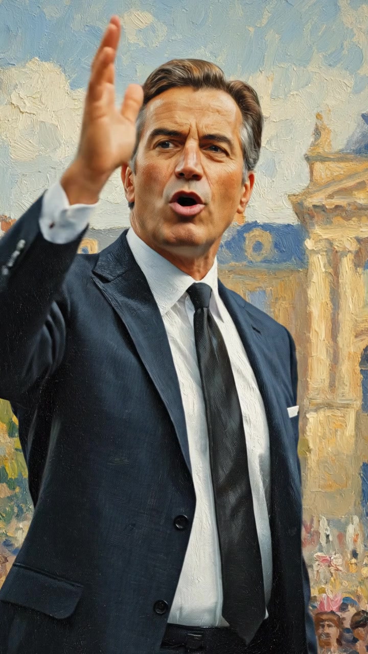 Omar, with a determined expression, raises his hand, standing in front of a crowd, addressing them.