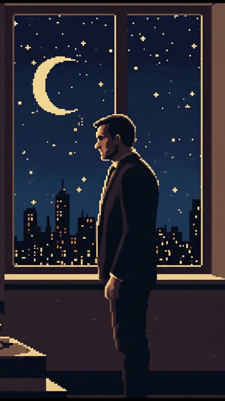 A silhouette of Mark standing by the window, looking out into the night with a tense expression.