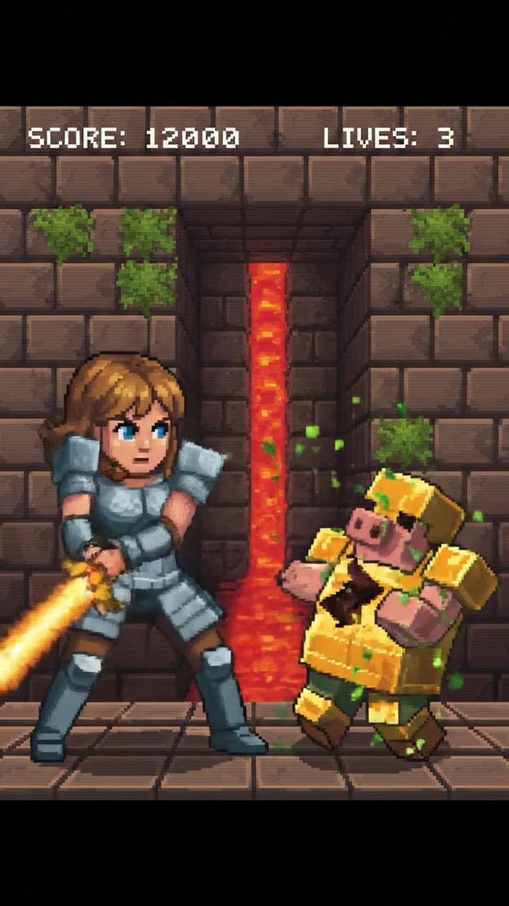 Ashley, in the midst of swinging her sword, successfully cleaves through a Piglin, creating a dramatic action scene.