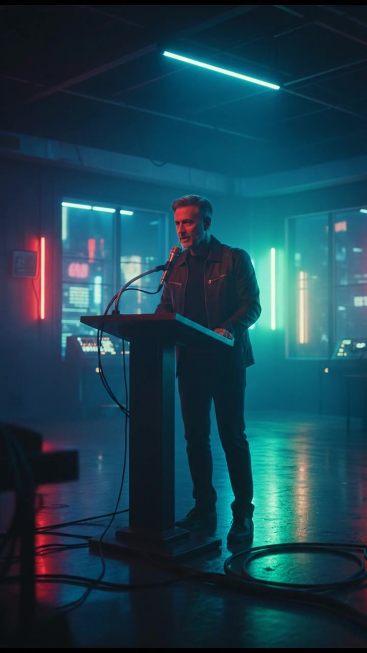 The Omar stands confidently at a podium in a spacious room, speaking clearly into a microphone.