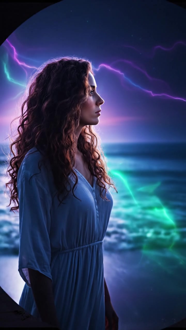 Maya standing on the beach, looking out at the ocean with waves crashing gently in the background.