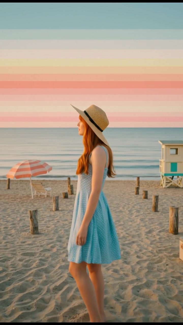 A young woman named Emma stands on a beach, gazing at the horizon as the sun sets.