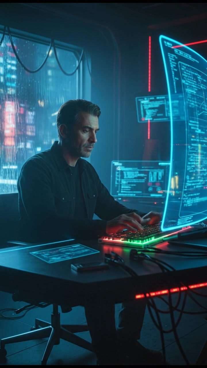 The Omar sitting at a desk, looking intently at the screen, hands on the keyboard.