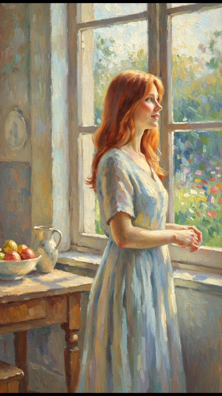 Emma standing in a sunlit kitchen, looking out the window with a warm expression.