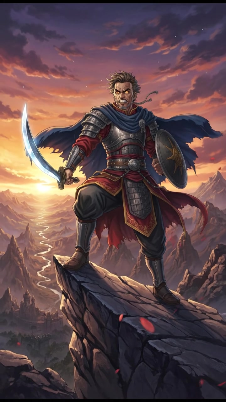 Omar standing tall on a rock formation, looking fierce as he prepares for battle.