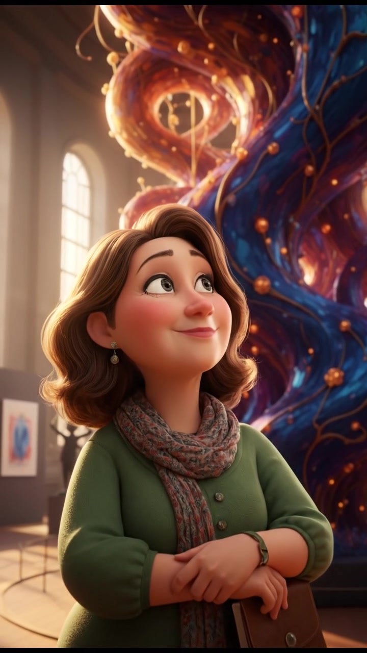 Susan standing in front of an art piece, admiring it with a thoughtful expression.