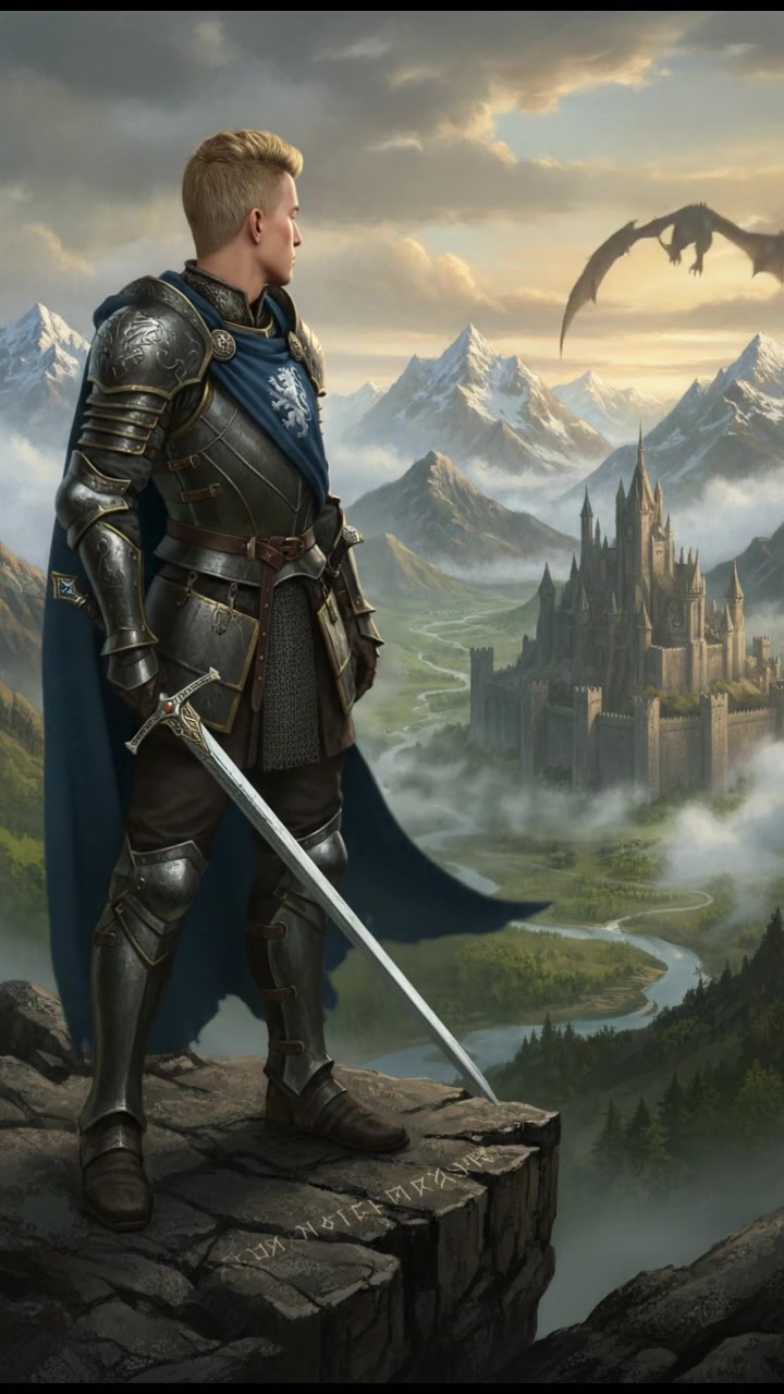 Ryan standing confidently on a rocky cliff, overlooking a vast landscape with mountains and clouds.