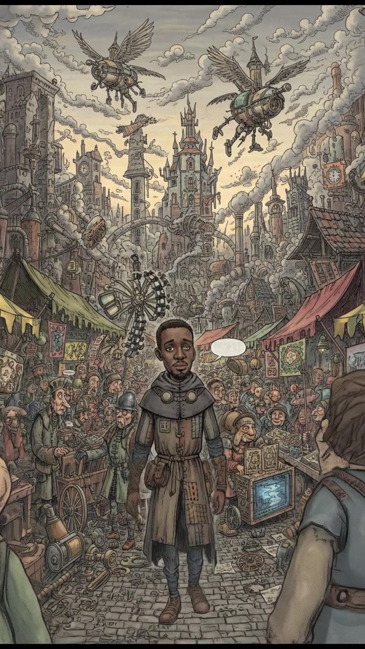 The Isaiah walking through a busy market, glancing at the crowd with a contemplative look.