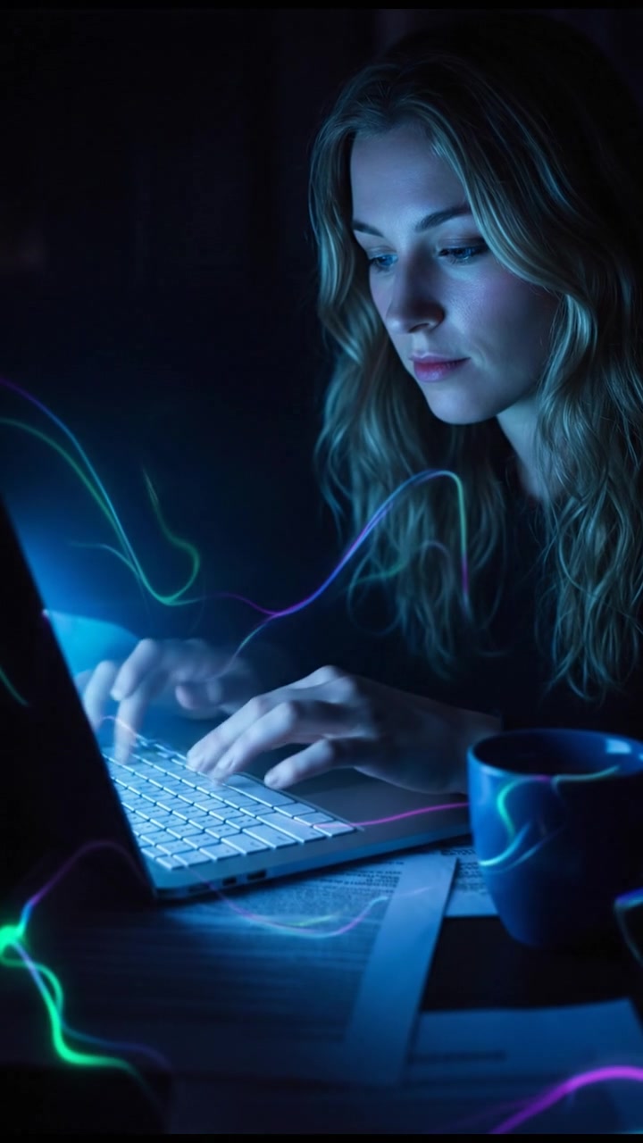 A close-up of the Ashley's hands typing on a laptop, with papers and a coffee cup scattered around.