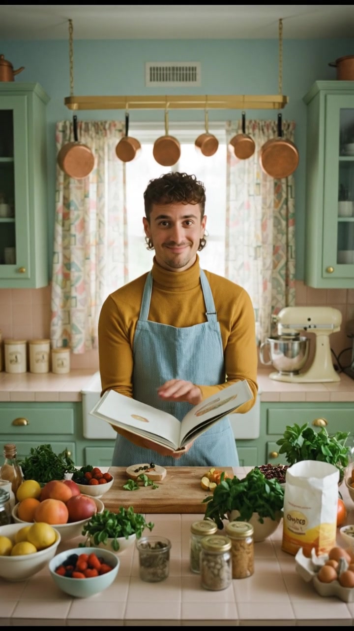 The Mateo stands in a bright kitchen, holding a recipe book open on the counter, surrounded by fresh ingredients.