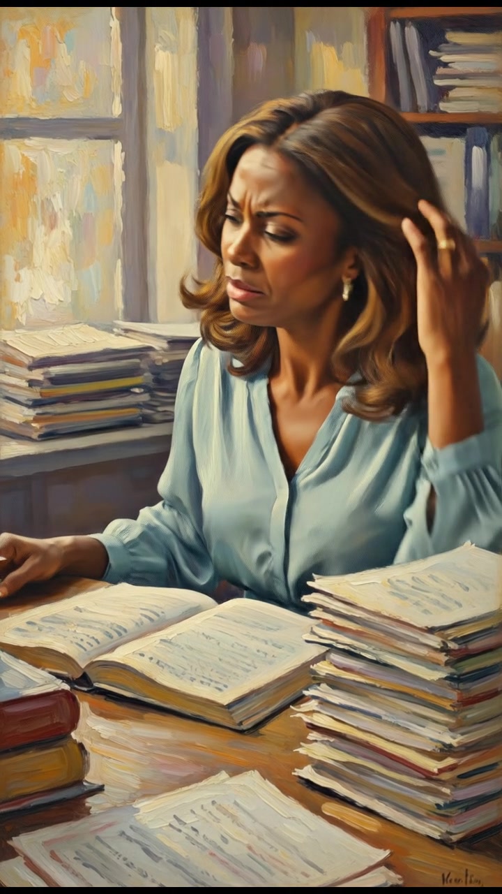 Monique looking frustrated at her desk, surrounded by stacks of reports and files.