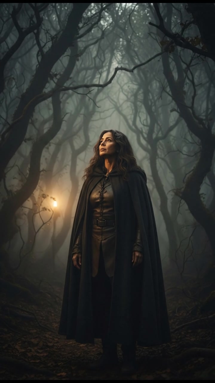 Asha standing in a misty forest, looking towards a distant light, with trees looming around her.