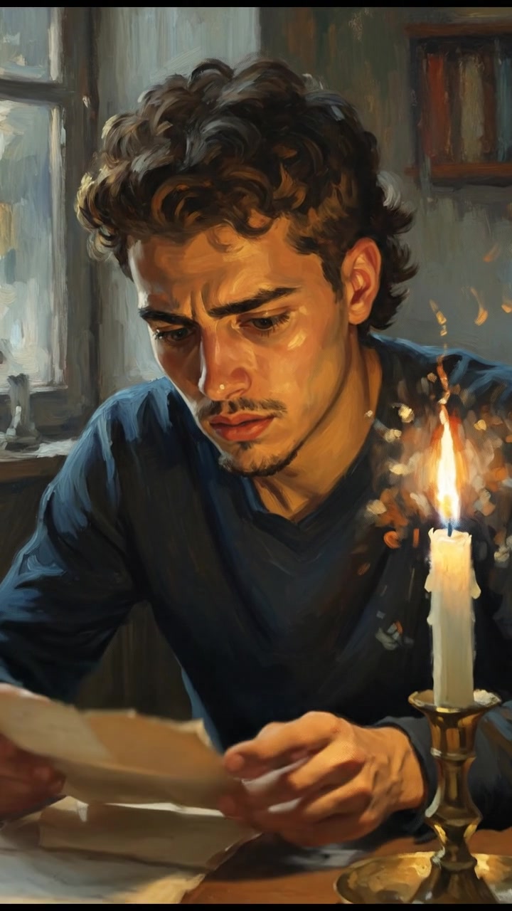 Mateo sitting at a wooden table, staring at a letter with a worried expression, a candle flickering beside him.