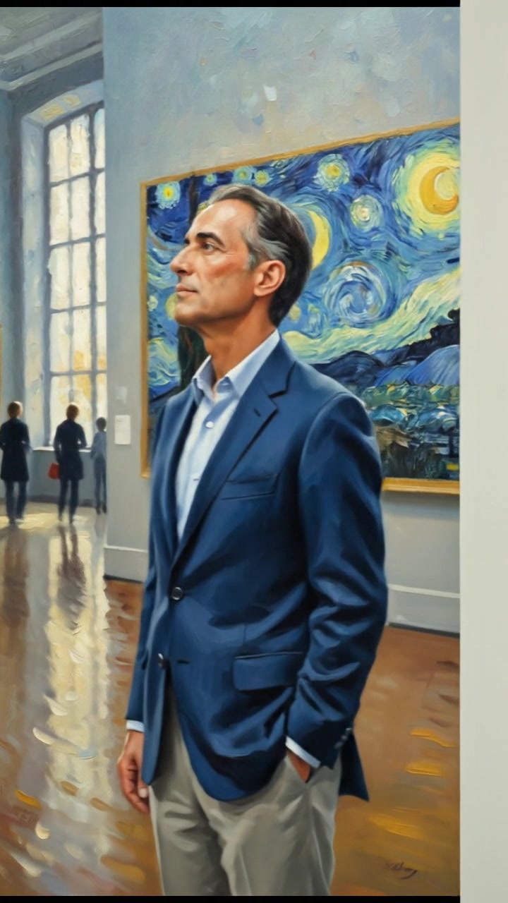 Omar standing confidently in an art gallery, studying one of Van Gogh's paintings.
