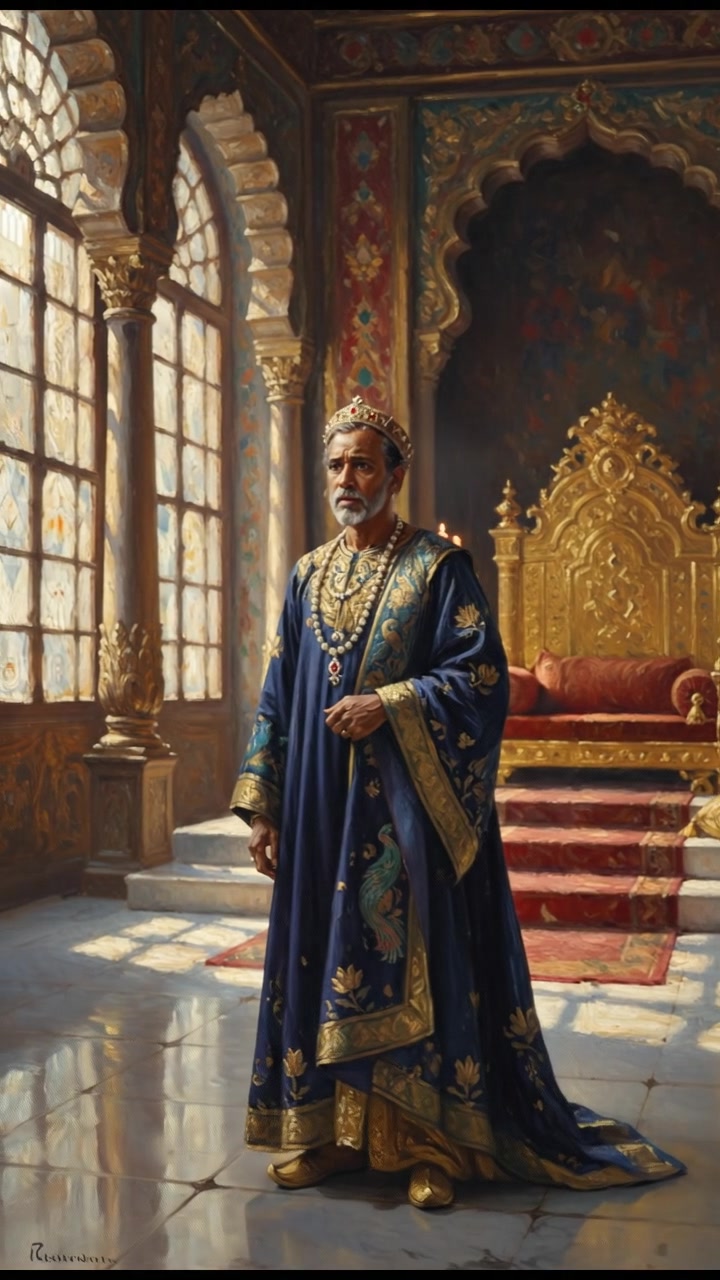 Raj standing in a beautifully adorned throne room, with a worried expression on his face.
