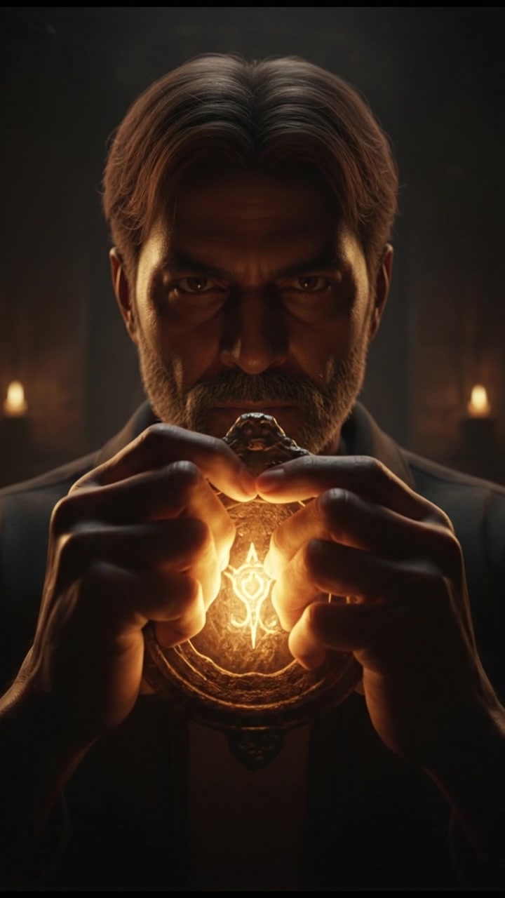 A close-up of Raj's hands holding a glowing talisman, with a look of determination on his face.