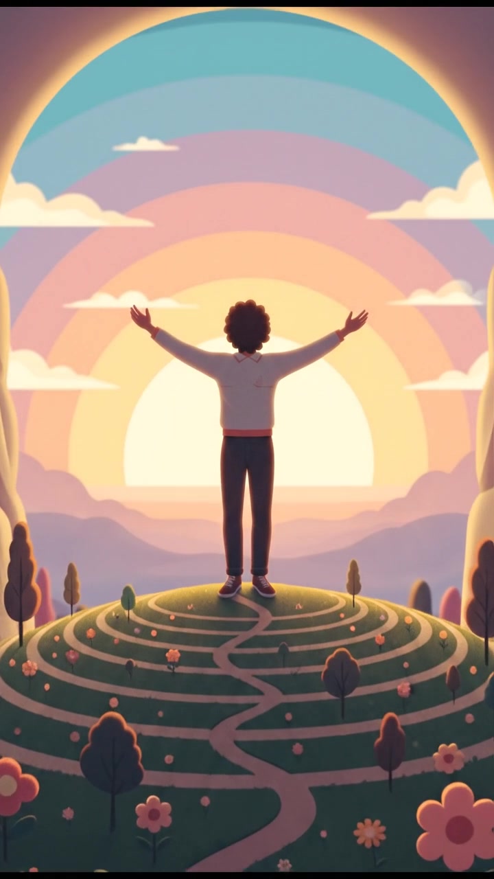 The Mateo standing on a hilltop, looking amazed at the vibrant sunset, with his arms raised in excitement.