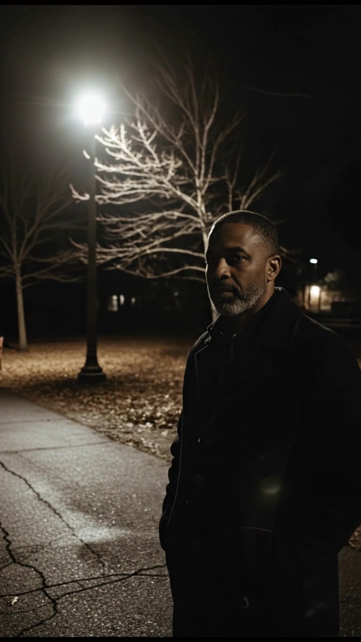 Kwame stands in a park at night, his silhouette casting a long shadow under a streetlight.