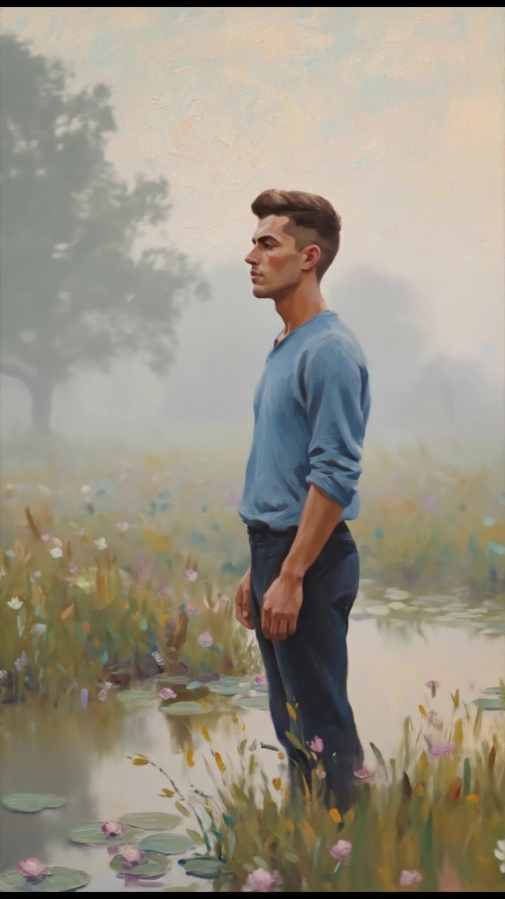 Amir standing in a misty field, looking thoughtful as he gazes into the distance.