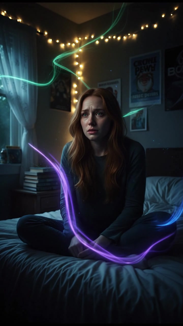Emma sitting on her bed in her bedroom, looking scared and sad.
