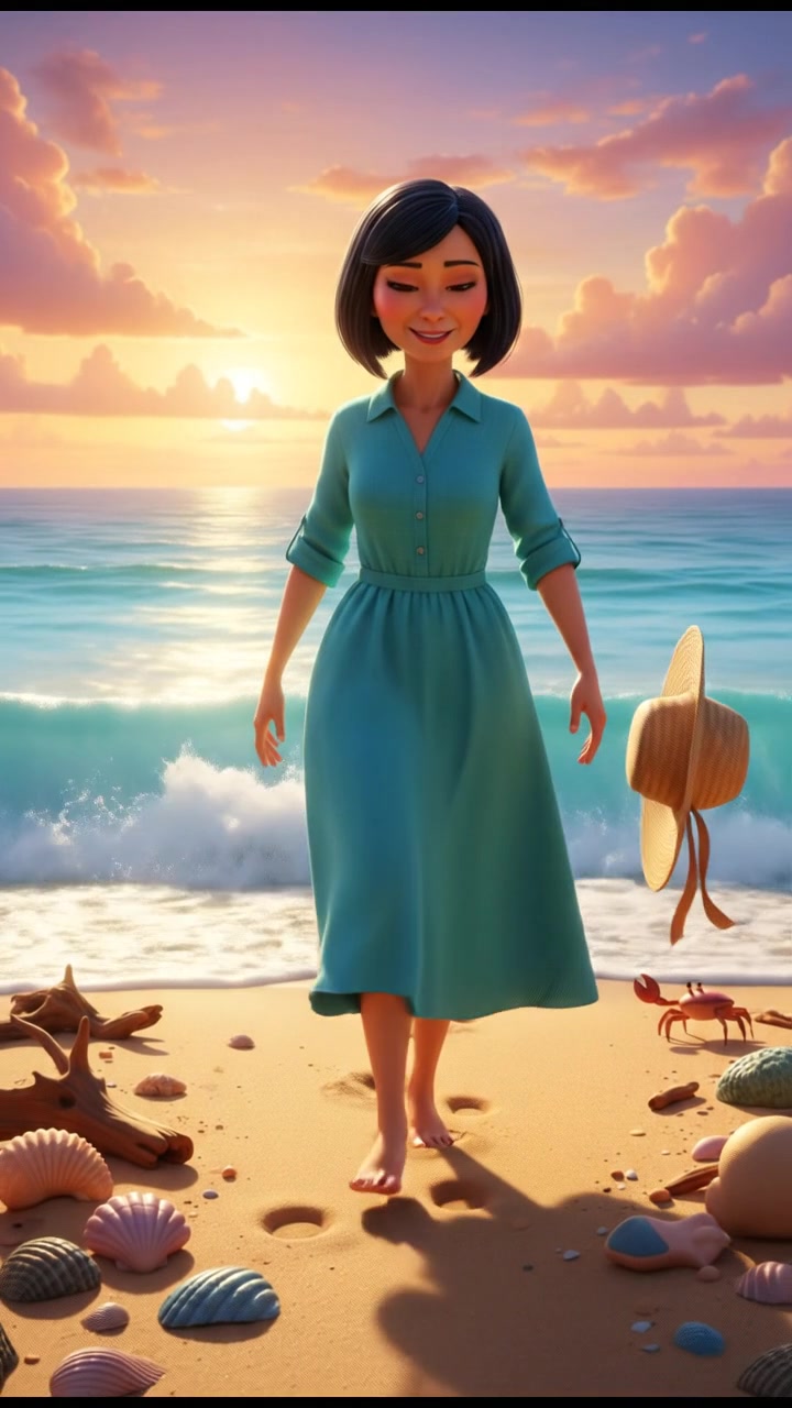 Li walking towards the shore, the ocean waves crashing behind her, a hopeful look on her face, the sand beneath her feet.