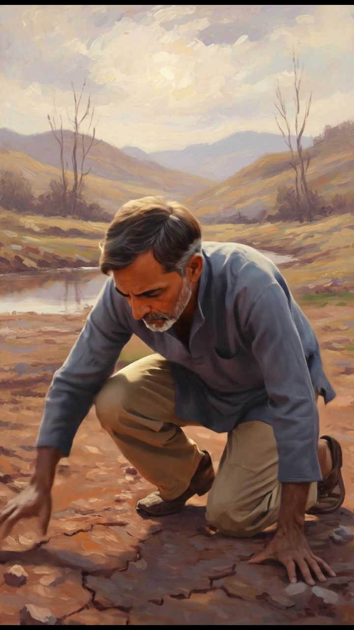 A wide shot of Raj kneeling in the barren soil, examining the ground with concern.