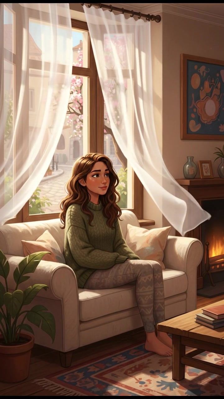 A cozy living room with Maya sitting on the sofa, gazing out of the window, the curtains fluttering.