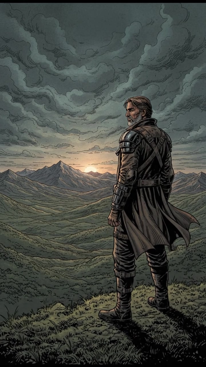 A wide view of a vast green landscape with the Raj standing on a hill, gazing at the horizon.