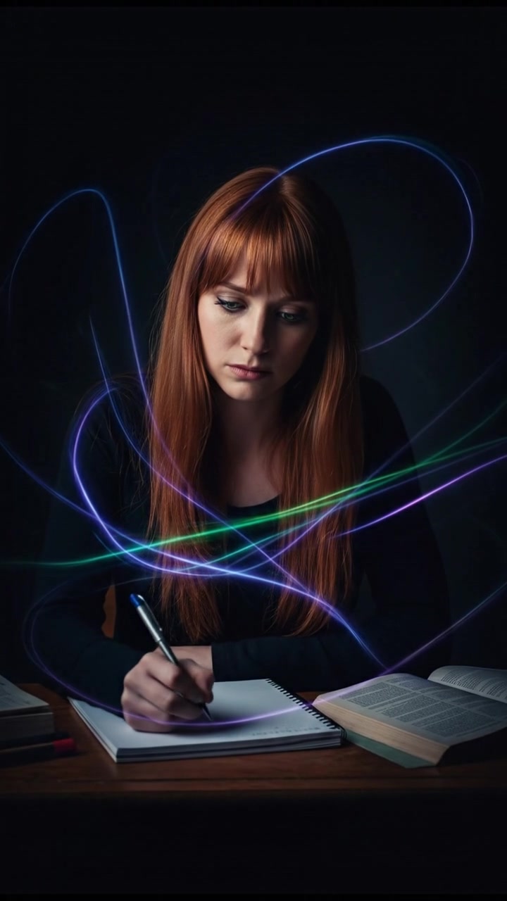 Emma trying to focus on writing in her notebook at her school desk, looking sad.