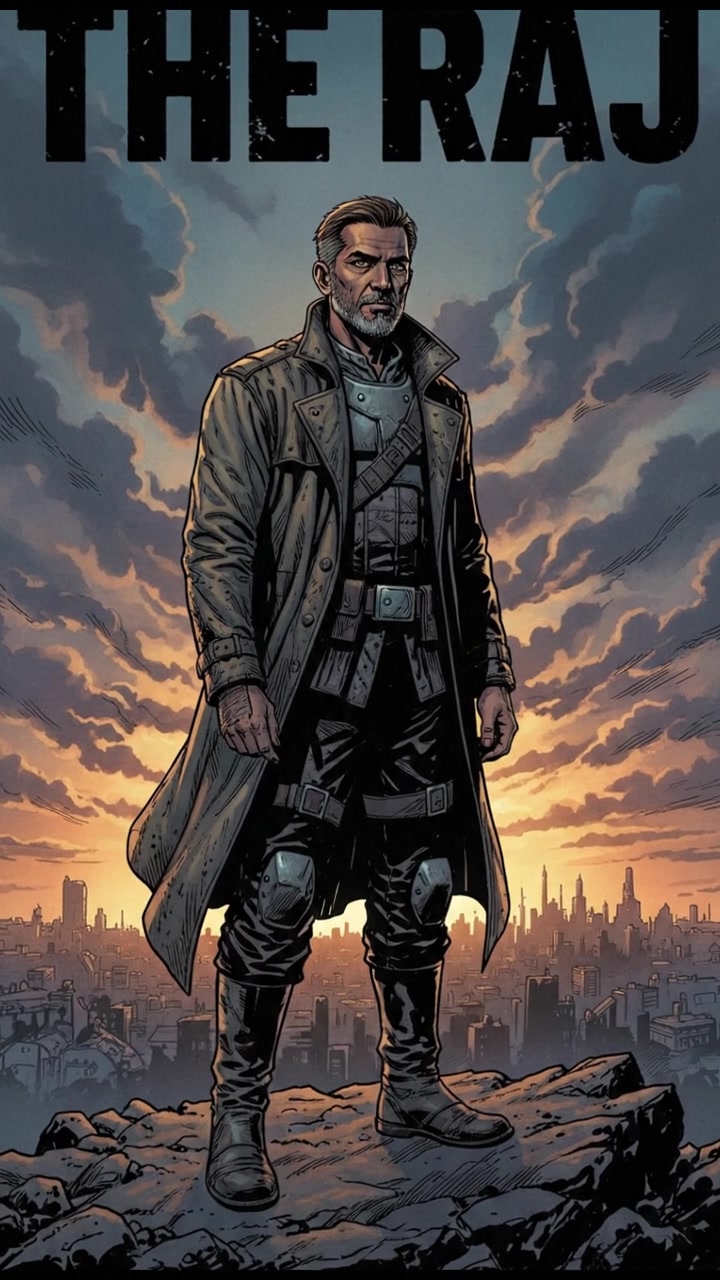 The Raj standing alone on a hilltop during sunset, golden rays illuminating his face as he gazes at the horizon.