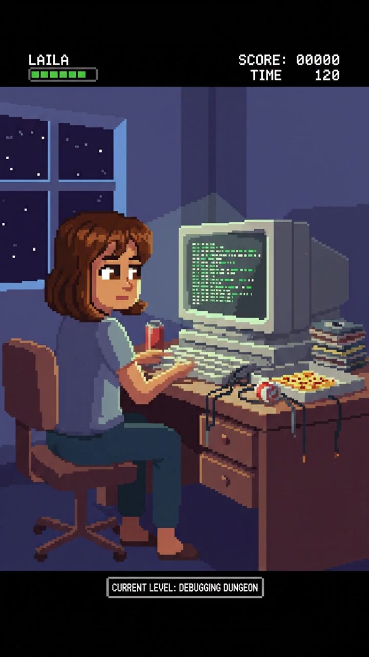 The Laila, sitting at a cluttered desk, focusing intently on code displayed on her computer screen.