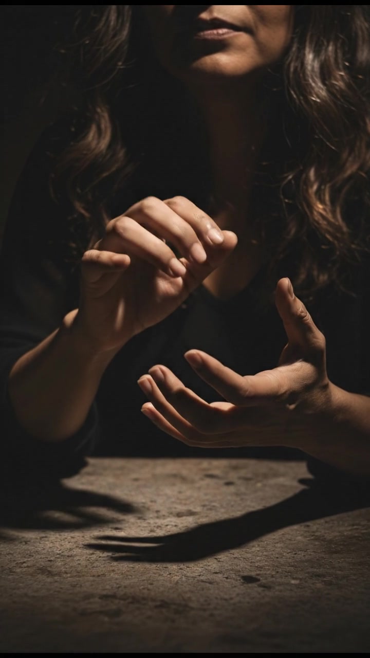 A close-up of Asha's hands gesturing gently, with soft shadows emphasizing her movements.